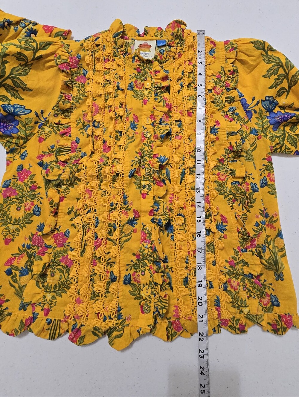 Farm Rio Anthropologie Puff- Sleeve Ruched Blouse Yellow Floral LS Button Up Med - Picture 6 of 10